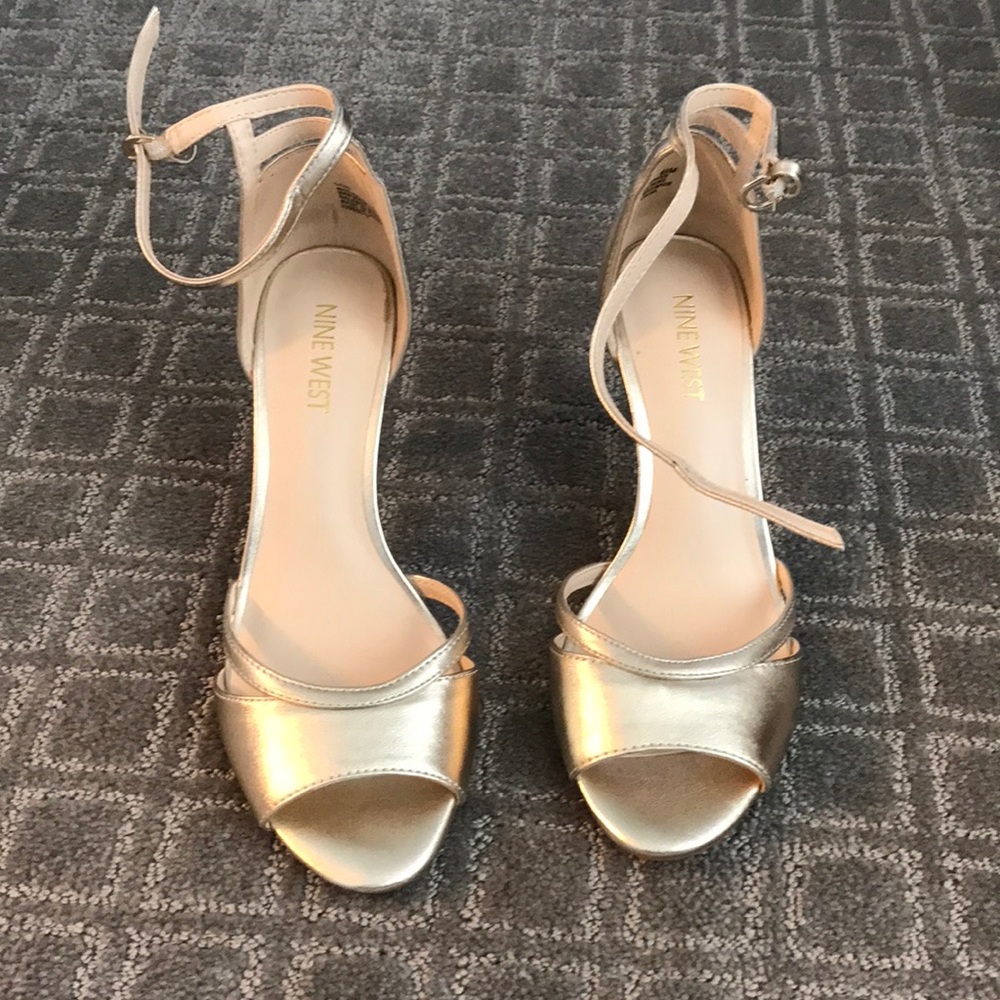 Gold Nine West peep toe heels